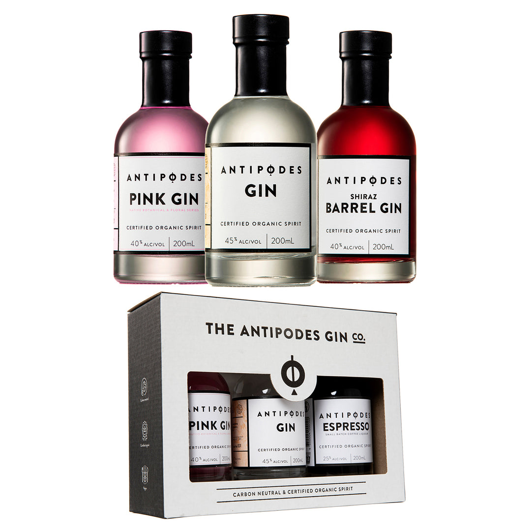 Antipodes 3 x 200ml Tasting Pack - Pink, Original, Shiraz Barrel Gin