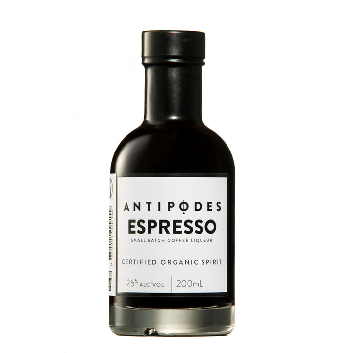 Bottle of Antipodes Espresso liqueur on a white background