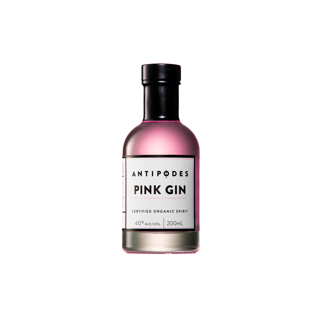 Bottle of Antipodes Pink Gin on a white background